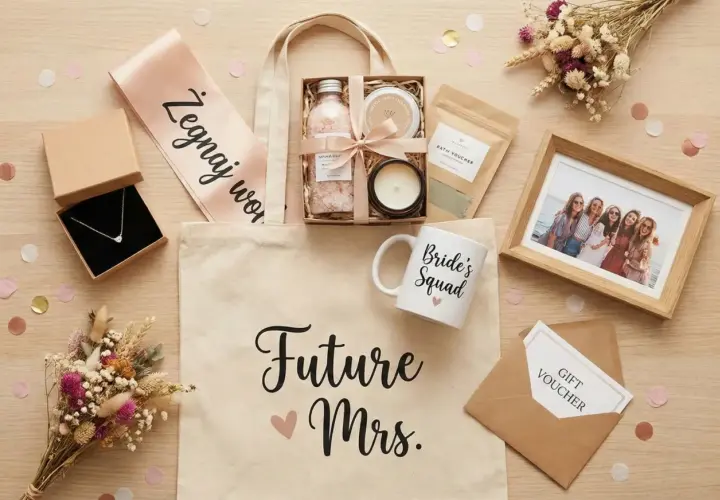 Elegancki prezent na wieczór panieński: torba z napisem "Future Mrs.", naszyjnik, kosmetyki, kubek "Bride's Squad", ramka ze zdjęciem i bukiet.