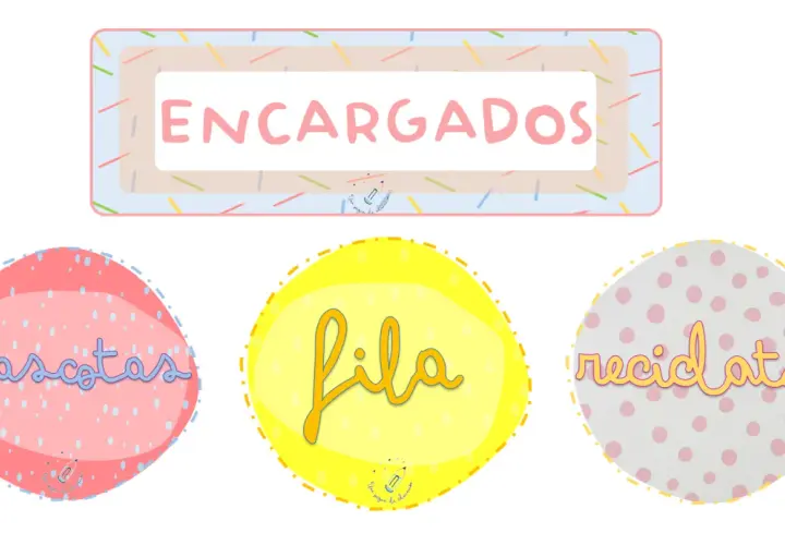 Diseño para imprimir: "Encargados" con círculos para "mascotas", "fila" y "recidatge".