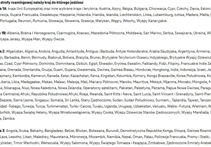Lista krajów podzielona na strefy roamingowe T-Mobile.