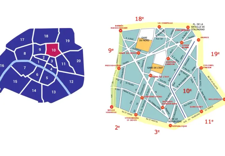 Mapa Paryża z zaznaczonymi dzielnicami, wyróżniona 10. dzielnica.