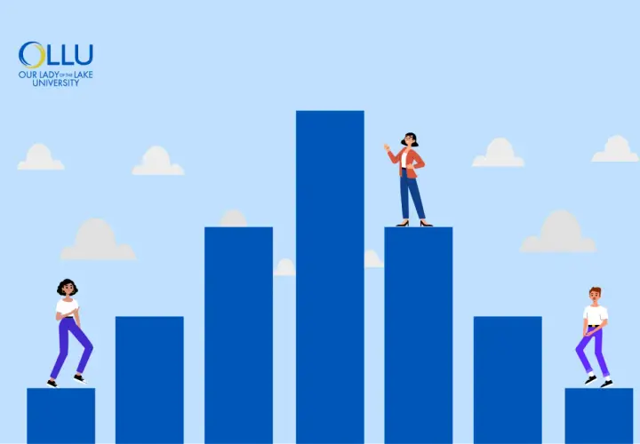 Illustration of people climbing blue bars, symbolizing progress in mba organizational leadership.