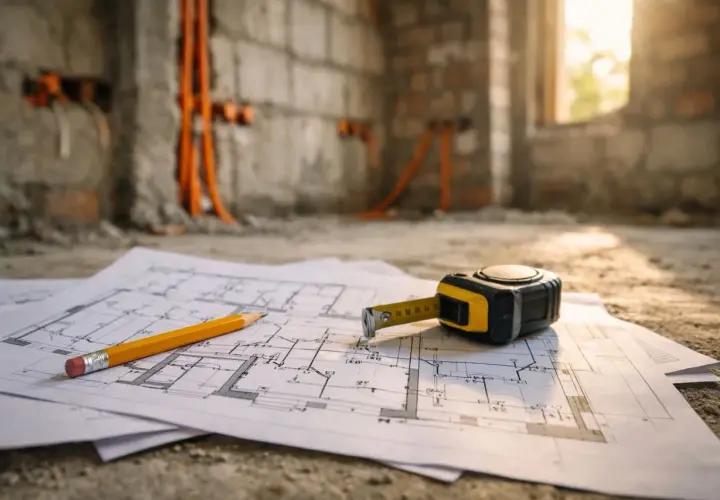 Plany budowy, ołówek i miarka leżą na podłodze. W tle widać ściany z instalacją elektryczną, co sugeruje prace związane z elektrotechniką.