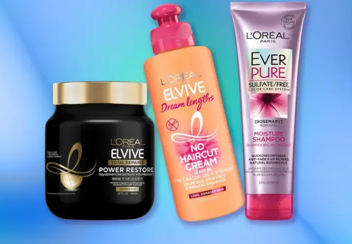 Tres productos L'Oréal Elvive y Ever Pure para el cuidado del cabello: mascarilla Power Restore, crema No Haircut Cream y champú Moisture.