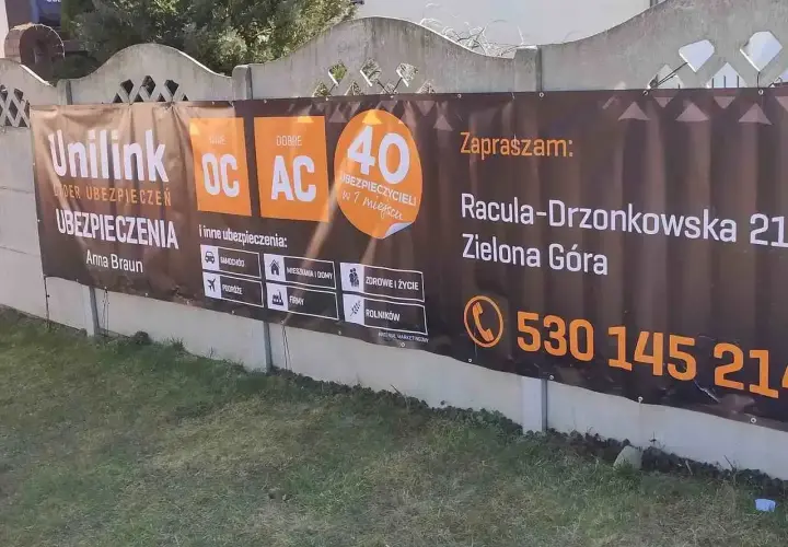 Baner reklamowy Unilink z ofertą ubezpieczeń OC, AC, samochodowych, mieszkaniowych, podróży, firmowych i rolniczych w Zielonej Górze.