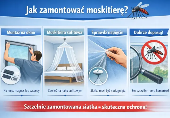 Instrukcja jak zamontować moskitierę na okno: montaż na rzep, magnes lub zaczepy, zawieszenie sufitowe, naciągnięcie siatki i dopasowanie bez szczelin.