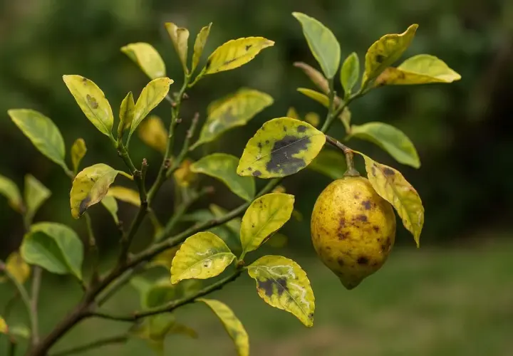 Un citronnier aux feuilles jaunies et tachées de noir, avec un fruit en formation. Une image pour comprendre comment traiter un citronnier naturellement.