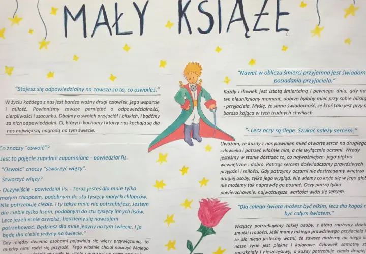 Cytaty z Małego Księcia: "Stajesz się odpowiedzialny na zawsze za to, co oswoiłeś." i "Lecz oczy są ślepe. Szukać należy sercem.