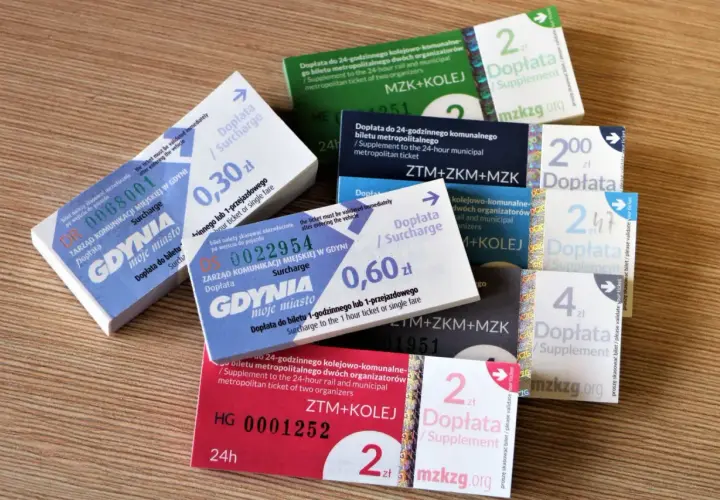 Bilety komunikacji miejskiej Gdynia, Rewa. Różne dopłaty do biletów, np. 0,30 zł, 0,60 zł, 2 zł, 4 zł.