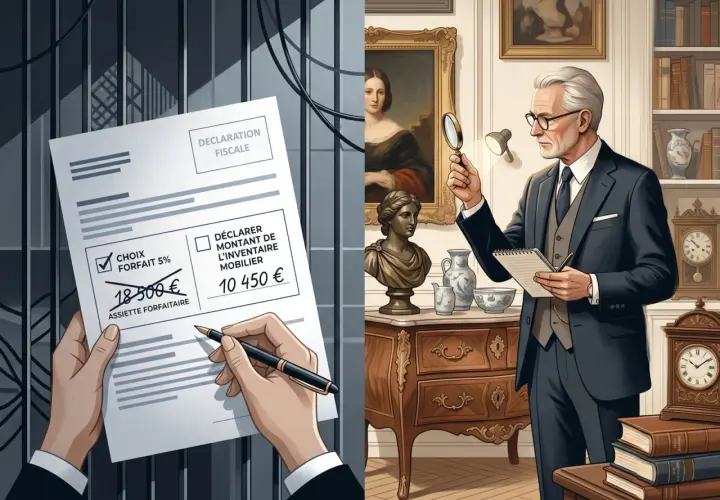 Un homme examine un formulaire fiscal, choisissant entre un forfait mobilier de 18 500 € et une déclaration d'inventaire de 10 450 €.