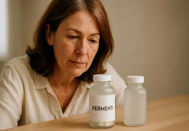 Donna preoccupata guarda due flaconi, uno con etichetta "FERMENTI", pensando ai fermenti lattici scaduti.
