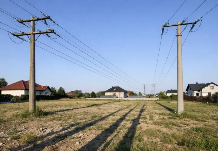 Linia średniego napięcia biegnie nad niezabudowaną działką, z domami w oddali. Widać wyraźną odległość budynku od linii średniego napięcia.