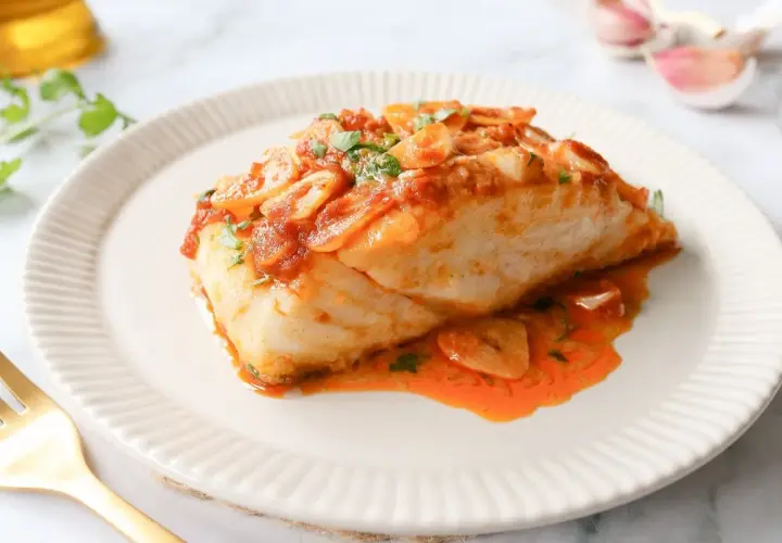 Delicioso bacalao a la llauna con salsa de tomate y ajo, servido en un plato blanco con un tenedor dorado.