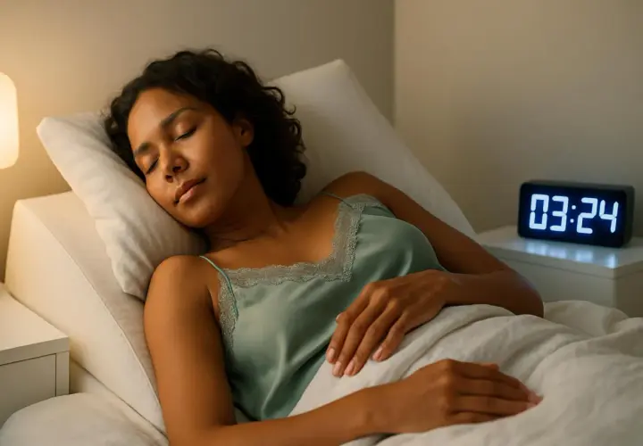 Donna dorme con un cuscino inclinato, forse per alleviare il reflusso notturno. L'orologio digitale segna le 03:24.