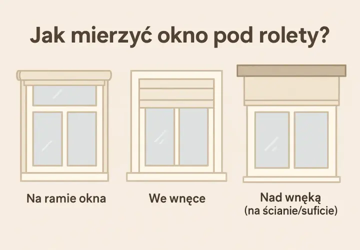 Jak zmierzyć okno na rolety? Trzy sposoby montażu: na ramie, we wnęce i nad wnęką.