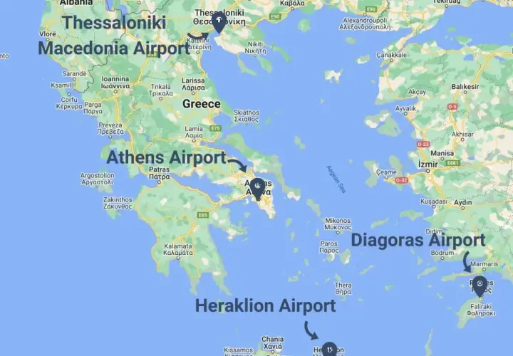 Mapa lotniska w Grecji: Macedonia Airport, Athens Airport, Diagoras Airport, Heraklion Airport.
