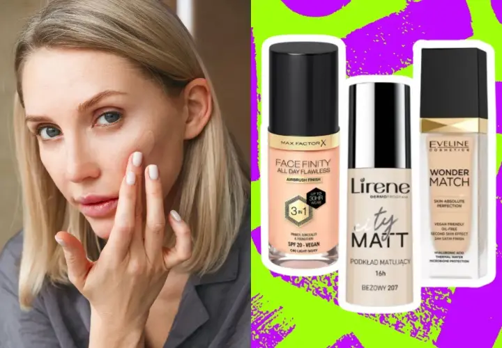 Kobieta aplikuje podkład, obok trzy buteleczki: Max Factor Face Finity, Lirene City Matt i Eveline Wonder Match – najlepsza baza pod makijaż.