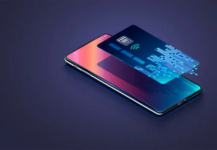 Teléfono móvil con tarjeta de crédito digital y símbolo de pago inalámbrico, representando la firma cloud.