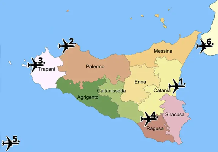 Map of Sicily showing numbered airplane icons near major cities like Palermo, Trapani, Catania, and Messina.