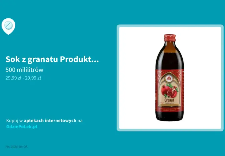 Butelka soku z granatu z etykietą przedstawiającą owoce granatu.