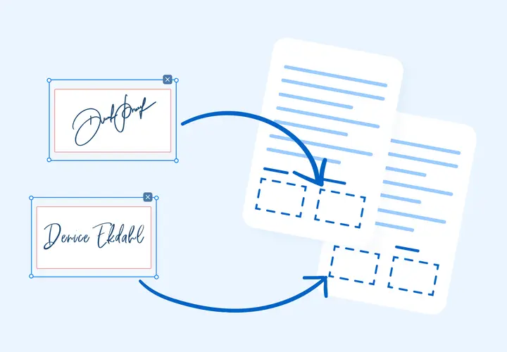 Dos cuadros con firmas digitales se conectan con flechas a documentos con espacios para firmar.