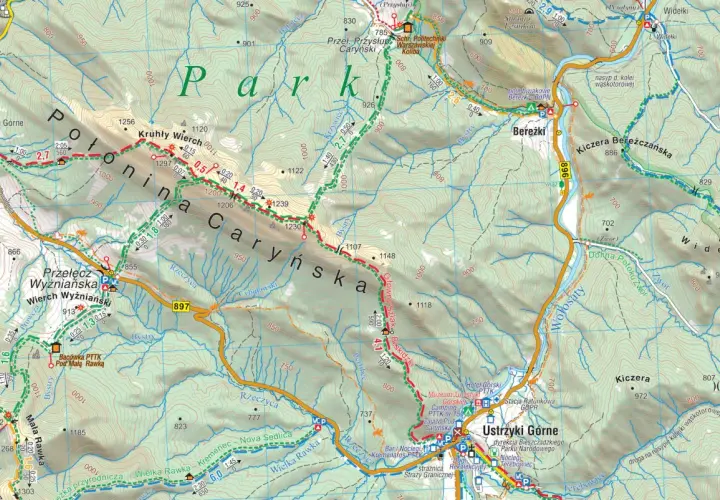 Mapa turystyczna Bieszczadów, gdzie zaczynają się połoniny Caryńska i Wetlińska, z zaznaczonymi szlakami i schroniskami.