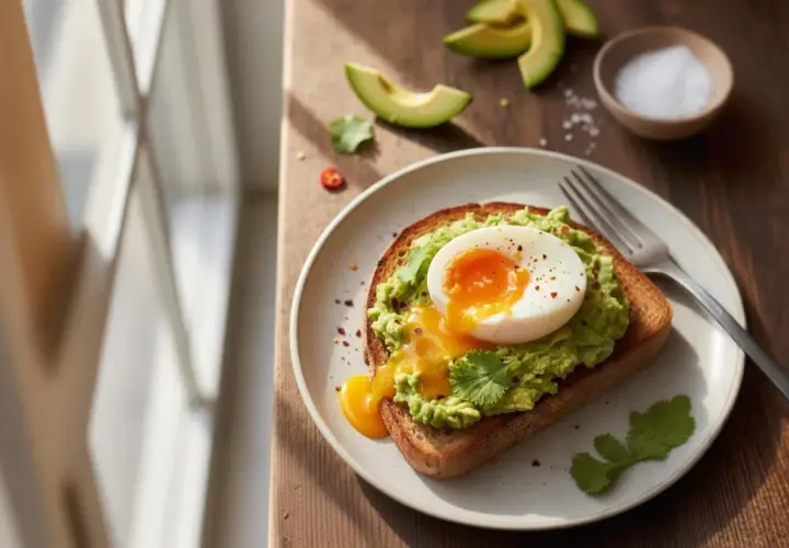 Tartine d'avocat avec un œuf mollet coulant, garnie de coriandre et de flocons de piment. Un délice pour le petit-déjeuner.