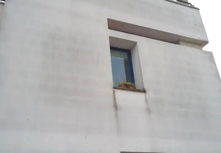 Facciata di un edificio moderno con intonaco grigio, una piccola finestra con piante e segni di umidità, forse dovuti a viti per cappotto non ben sigillate.