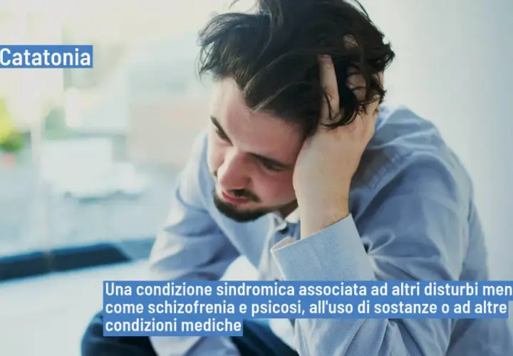 Uomo con mano tra i capelli, testo "Catatonia" e descrizione del suo significato.