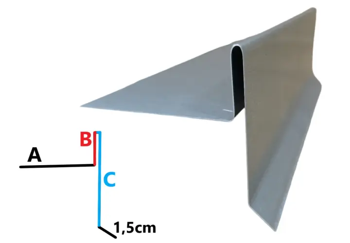 Element obróbki blacharskiej: wiatrownica boczna. Zaznaczone wymiary A, B, C i 1,5cm.