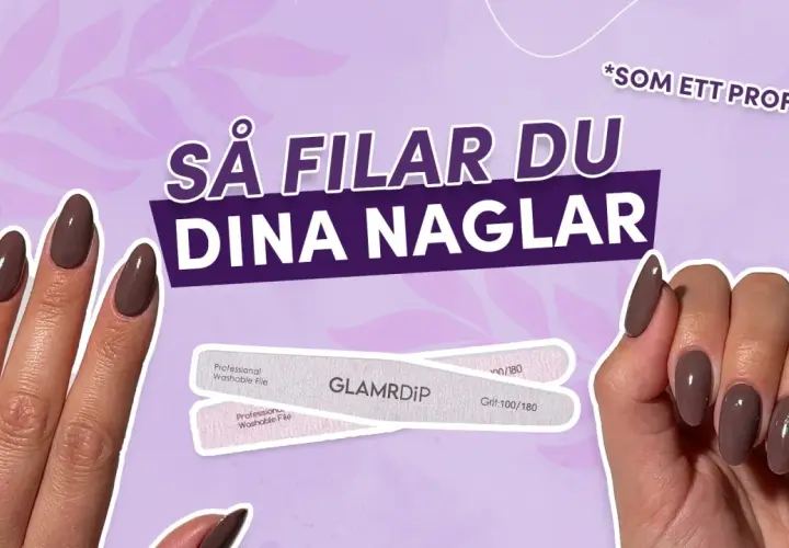 Vackra, ovala naglar med ett elegant grått nagellack. Två GlamDip nagelfilar ligger bredvid, redo att forma dina naglar som ett proffs.