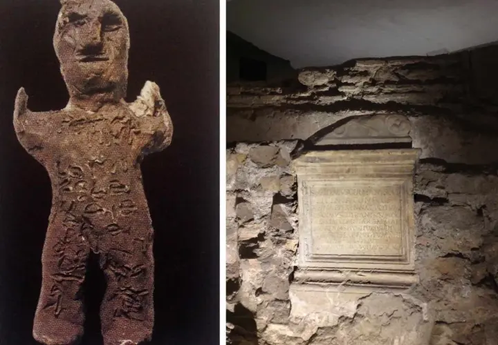 Antica statuetta in terracotta con iscrizioni e un'epigrafe su un piedistallo, reperti di una fonte romana.