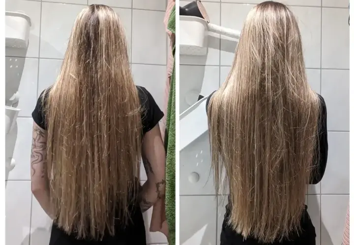 Efekt olejowania włosów blond: porównanie przed i po. Włosy są lśniące i wygładzone.