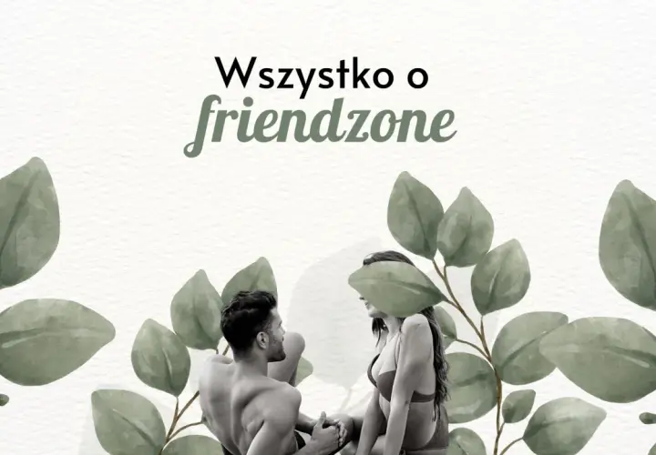 Para, która siedzi naprzeciwko siebie, otoczona liśćmi. Tekst "Wszystko o friendzone" sugeruje, że to historia o toksycznym friendzone.