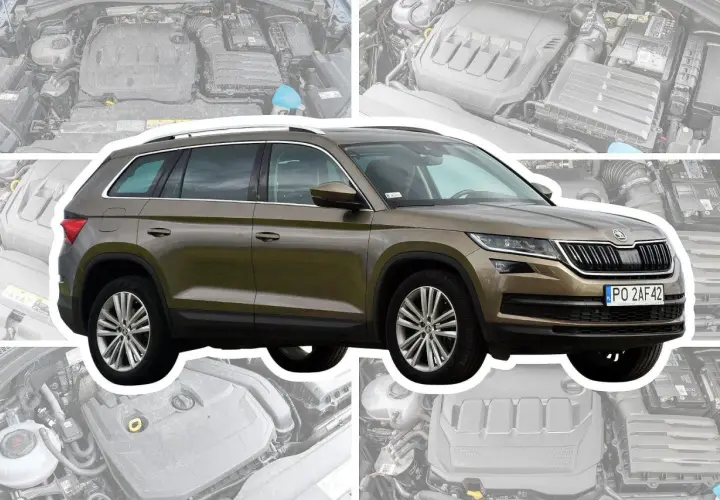 Brązowy Skoda Kodiaq 2023 z widokiem na silnik.