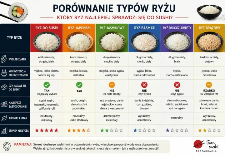 Porównanie ryżu do sushi: krótkoziarnisty, biały, kleisty – idealny wybór dla miłośników sushi.