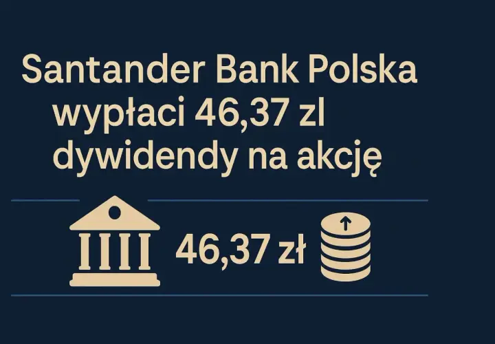 Santander Bank Polska wypłaci 46,37 zł dywidendy na akcję. Symbol banku i stos monet symbolizują zysk z inwestycji w santander akcje.
