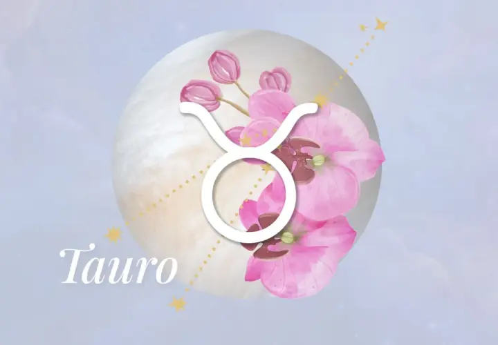 Símbolo de Tauro rodeado de flores rosas y un orbe lunar. El texto "Tauro" aparece en la parte inferior izquierda.