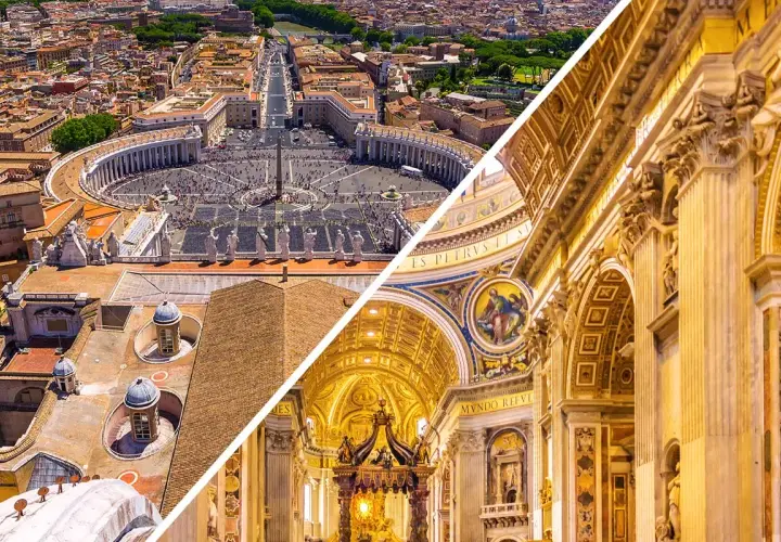 Vista aerea di Piazza San Pietro e interno della chiesa di San Pietro a Roma, con la maestosa cupola e decorazioni dorate.