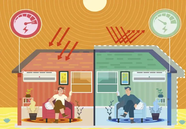 Dos casas: una caliente con un hombre sudando y otra fresca con aire acondicionado. El sol calienta una, la otra refleja el calor. Confort térmico logrado.