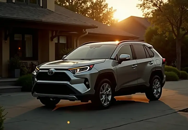 Srebrny samochód hybrydowy SUV zaparkowany przed domem o zachodzie słońca.