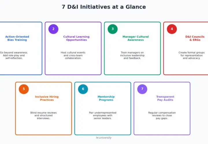 7 D&I initiatives for starting a diversity and inclusion program: bias training, cultural learning, manager awareness, D&I councils, inclusive hiring, mentorship, and pay audits.
