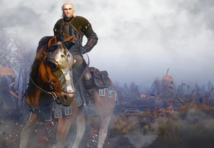 Geralt na koniu w zbroi, która wygląda jak najlepszy rynsztunek z Wiedźmina 3, przemierza spaloną ziemię.