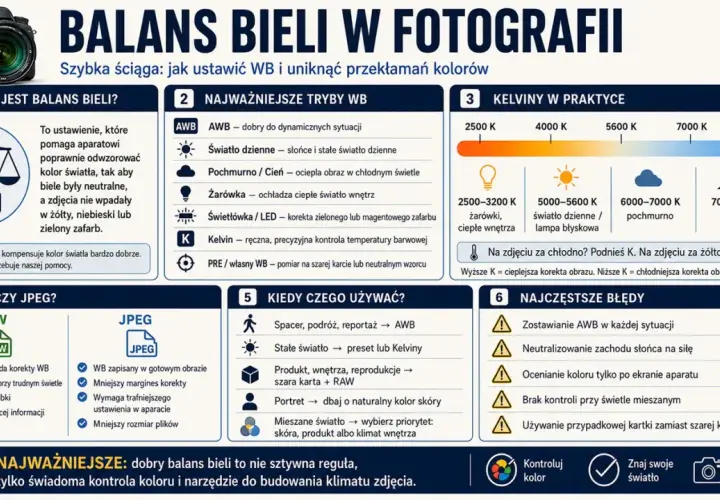 Szybka ściąga o balansie bieli w fotografii: jak ustawić WB i uniknąć przekłamań kolorów. Poznaj tryby WB, zastosowanie Kelvinów i najczęstsze błędy.