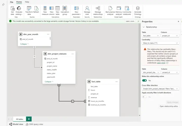 Vista del modello dati con relazione molti a molti tra tabelle "fact_table" e "dim_project_statuses".