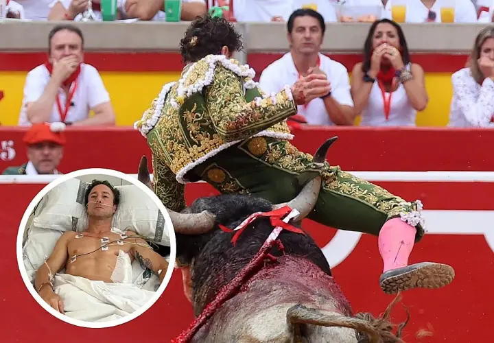 El torero Rafaelillo en plena faena, con un toro ensangrentado. En un círculo, el mismo torero herido en cama de hospital.