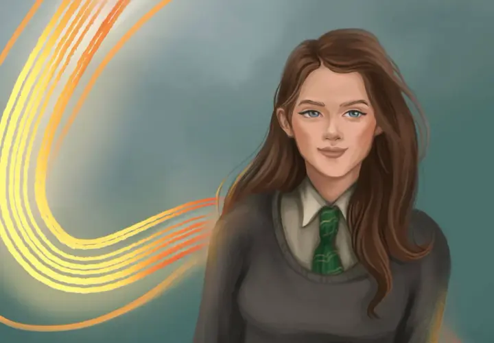 Astoria Greengrass, w szacie Slytherinu, z magicznymi, świetlistymi smugami za plecami.