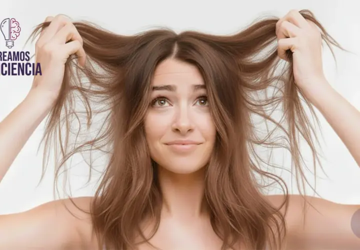 Mujer con pelo rebelde y encrespado, mostrando que es el frizz del pelo.