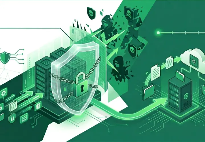 Illustration d'une sécurité informatique robuste, avec des serveurs protégés par un bouclier et un cadenas. Des icônes de menaces tentent de percer, mais le réseau 3G reste sécurisé.