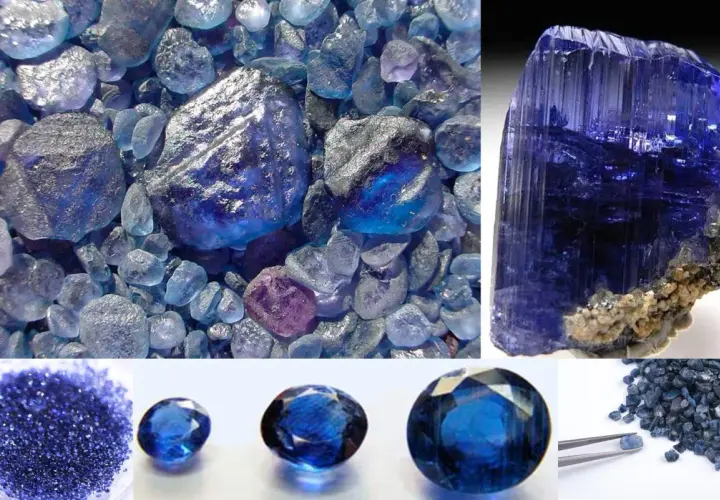 Verschiedene **Kristallarten** in tiefem Blau: rohe Steine, ein großer facettierter Kristall und geschliffene Edelsteine.