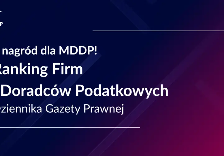 Logo MDDP i tekst: "8 nagród dla MDDP! Ranking Firm i Doradców Podatkowych Dziennika Gazety Prawnej".